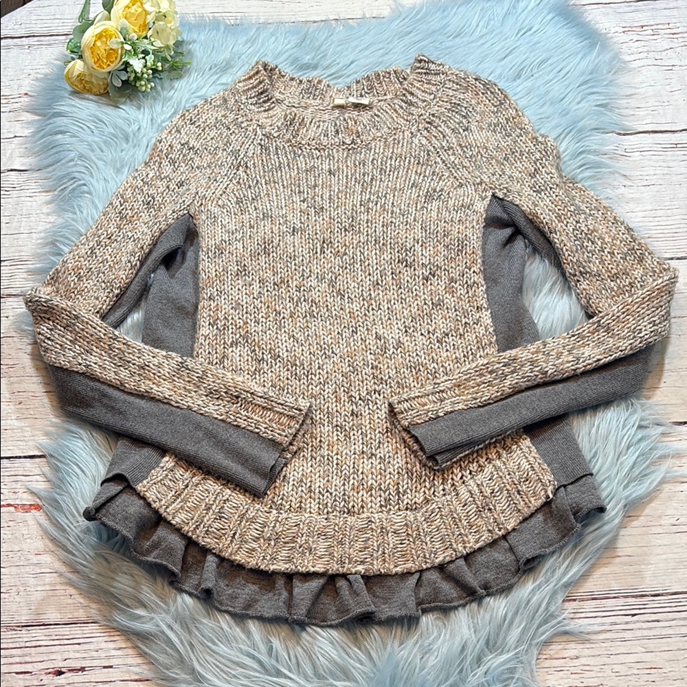 Anthropologie Moth Marbled Knit Grey Ruffle Layered Sweater sz S